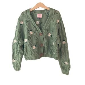 Souris Mini Floral Embroidered Cardigan Sweater - Green - 122-128 or 7/8